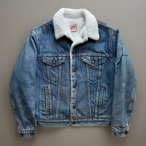 Vintage Levis Sherpa Trucker Jacket 44 Blue 80s Heavy Denim Outerwear USA
